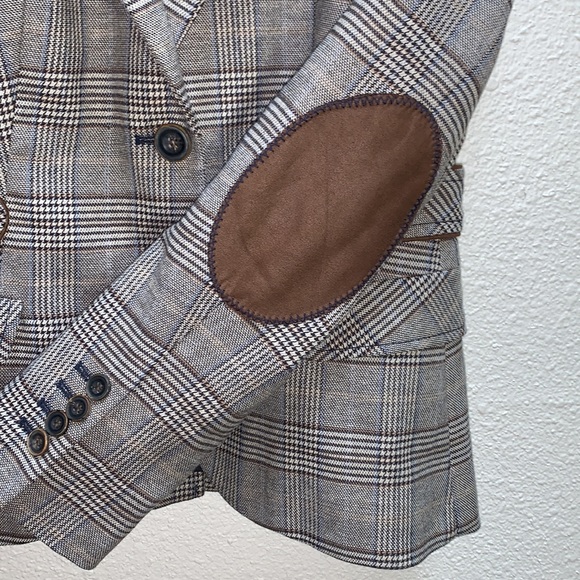 ZARA Basics Wool blend Plaid Blazer brown patchwork elbows 2 button satin lined - Picture 5 of 17